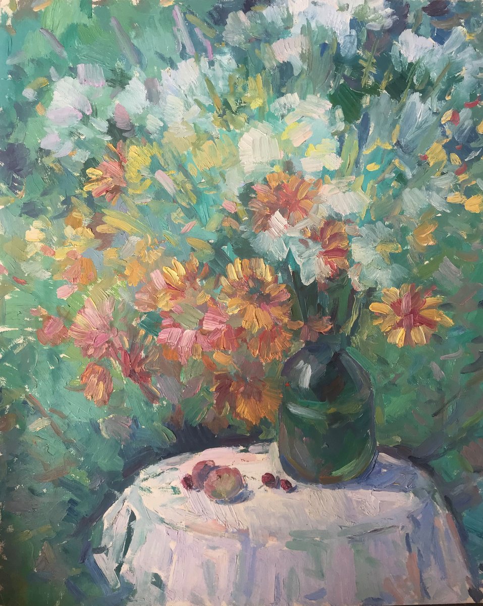 Impressionistic Still Life Oil Painting By Peter Tovpev, 17 X 20", Vase With Flowers, Original Artwork