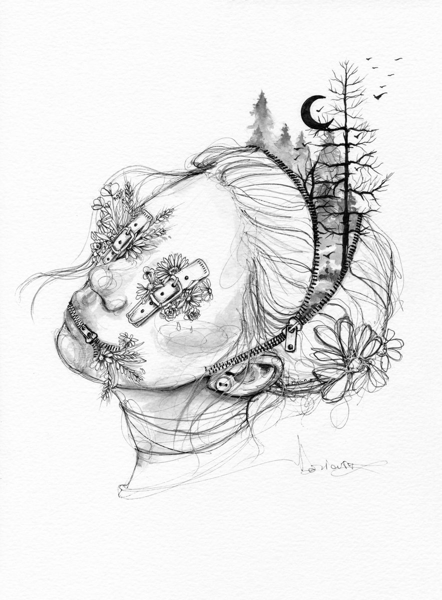 Expressive Portrait Ink Drawing By Doriana Popa, 8 X 11, Backpack, Original Artwork