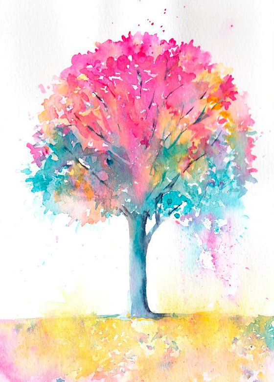 Tree painting, Original Watercolour Painting, Colourful tree, Autumn,