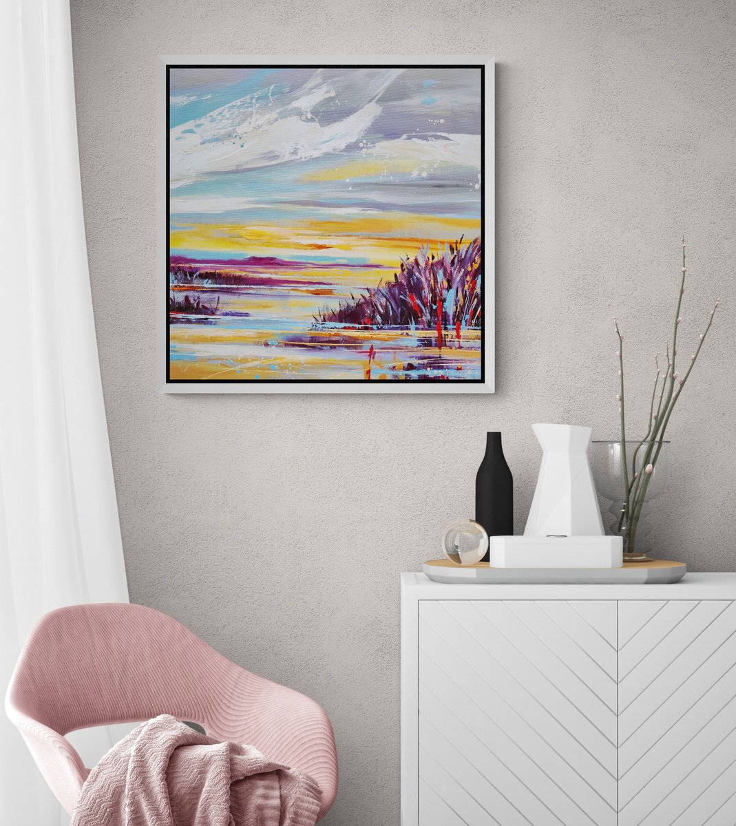 Expressive Landscape Acrylic Painting By Anna Cher, 24 X 24, Sunset Symphony, Original Artwork