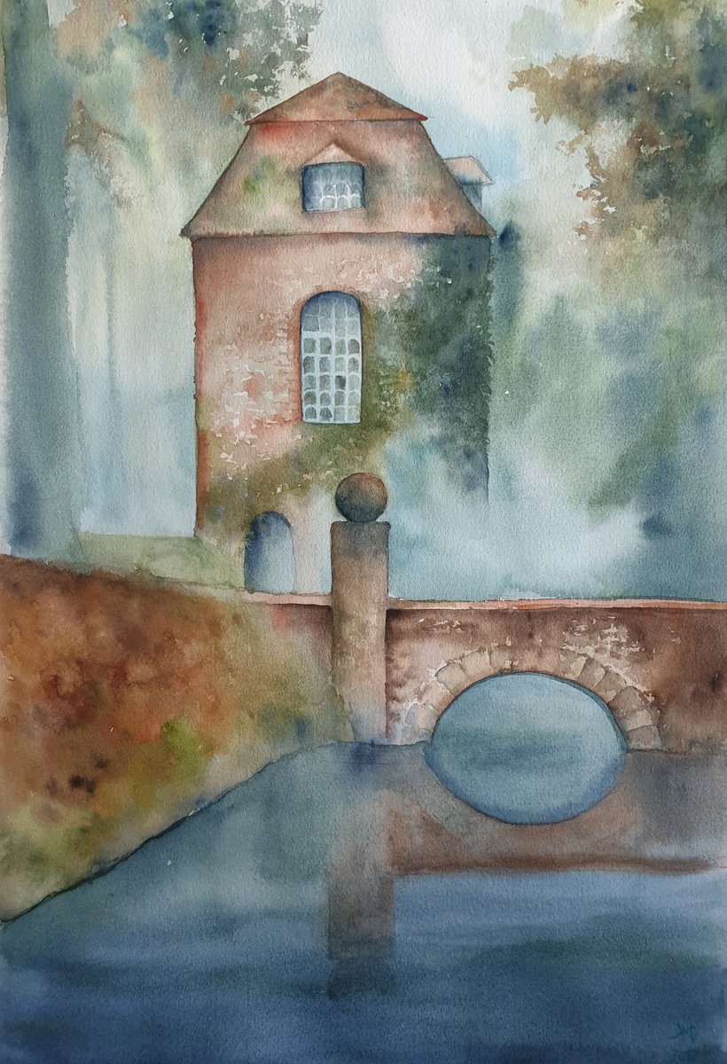 Impressionistic Cityscapes Watercolour By Ksenia June, 14 X 20", Chi?teau De Courances, Original Artwork