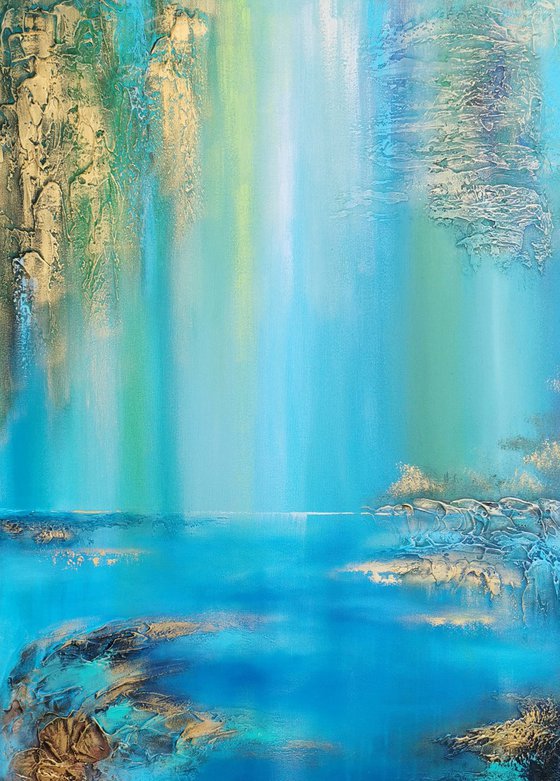 A XL large semi-abstract beautiful structured mixed media painting of a lake "Under the willow"