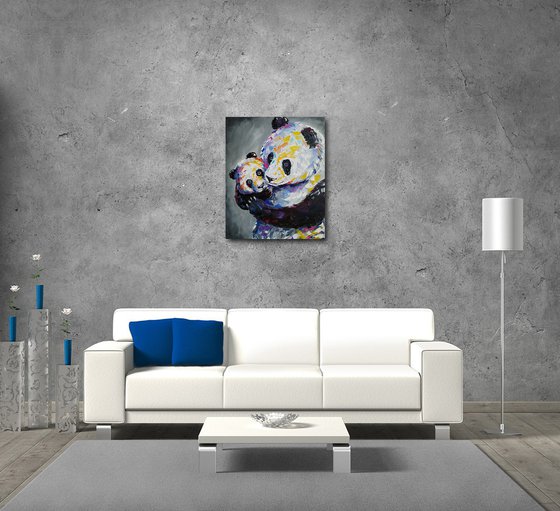 When mother is near -  panda, pandas, panda oil painting, mother's love, animal, animal face, love, mother, painting on canvas, gift, animals art, animals oil painting