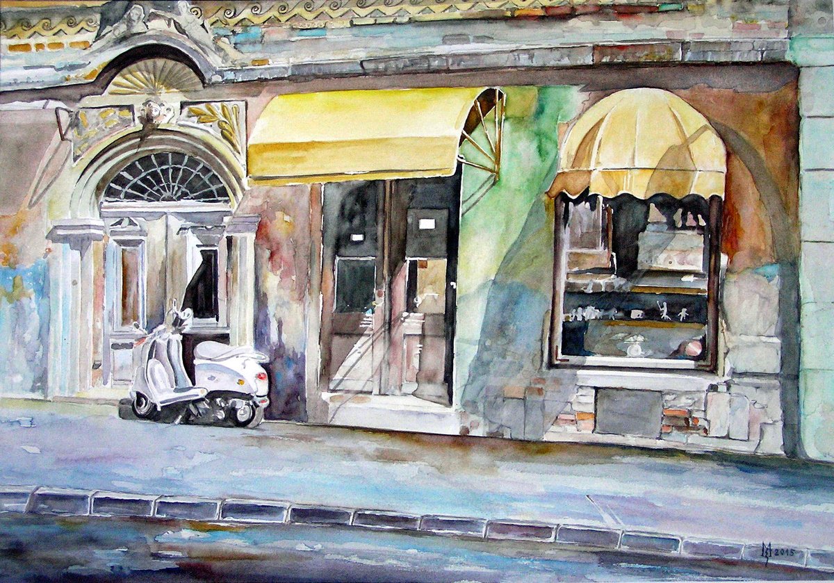 Impressionistic Cityscapes Watercolour By Zoran Mihajlovic Muza, 22 X 15", Old Shop Window, Original Artwork