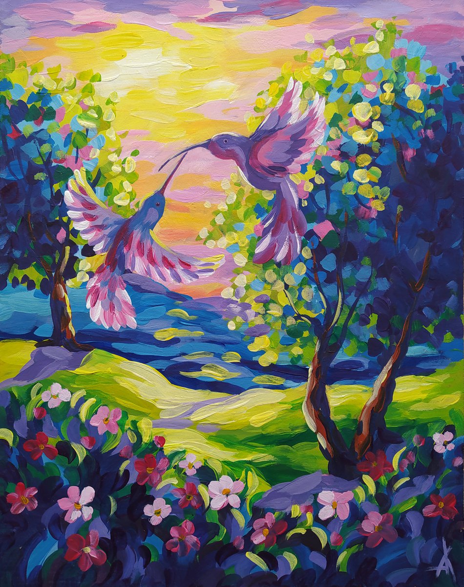 Peaceful time - acrylic, sunset, flowers, landscape, trees, forest, painting, landscape ar... by Anastasia Kozorez