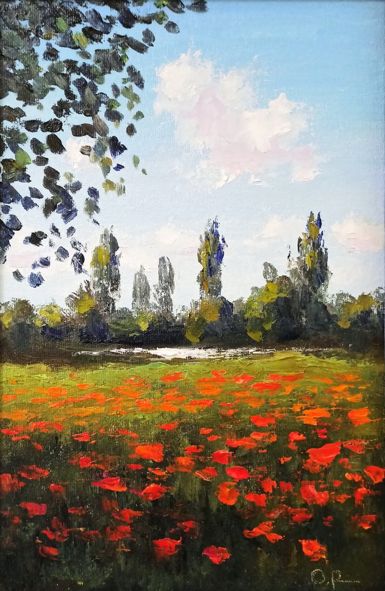 Impressionistic Landscape Oil Painting By Oleh Rak, 8 X 12", Poppies By The River, Original Artwork