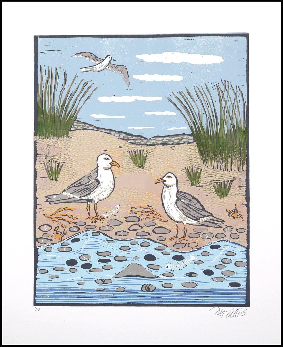 Landscape Linocut By Mariann Johansen-Ellis, 16 X 20", Seagulls Beach, Original Artwork