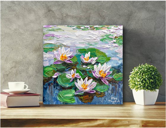 Water Lilies Pond - Impasto Floral Art, Palette Knife Painting