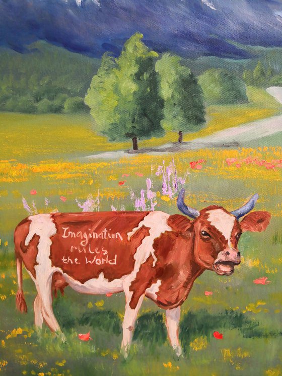 Funny Cow in Switzerland mountains landscape Painting