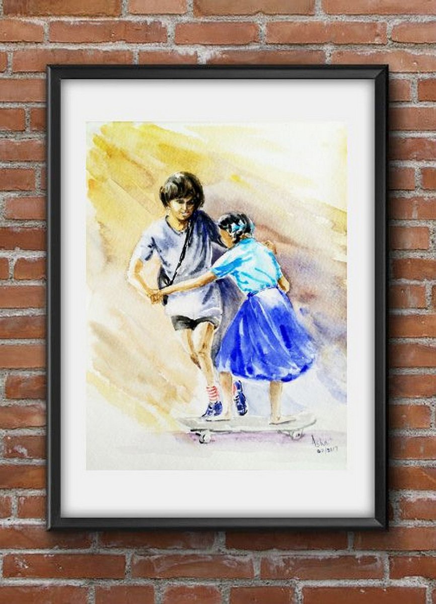 Children in art Joys of childhood 4 (9 x 12-?) watercolor painting by Asha Shenoy