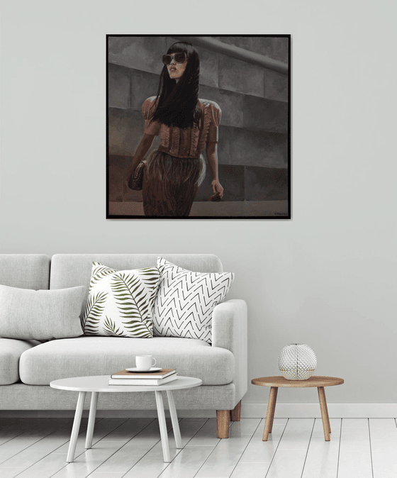 Conquer the city - asian woman female in pink and nude colors framed acrylic large painting