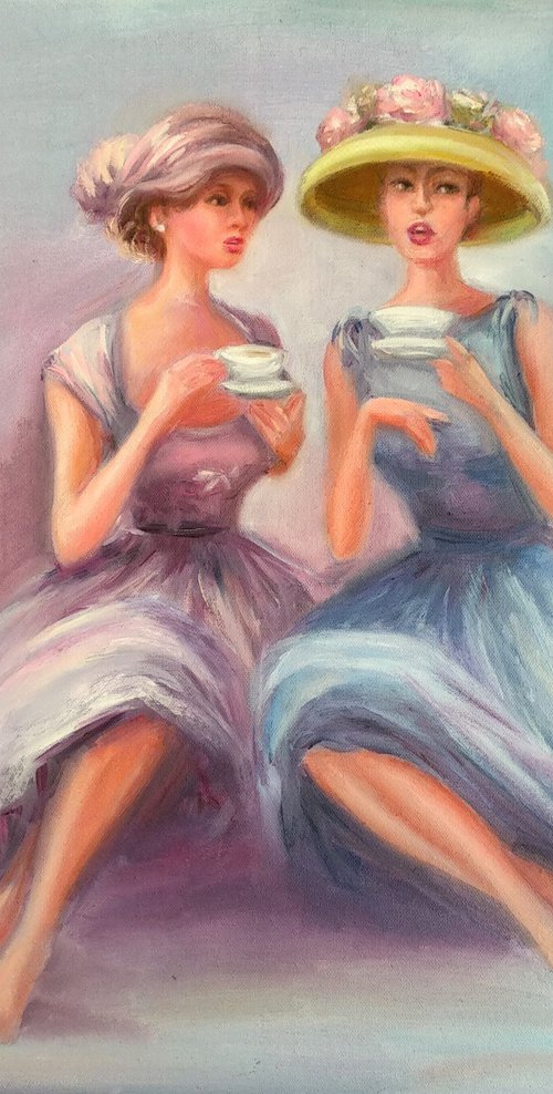 Cafe Scene Restaurant Art Women's Talk Tea for two Friends Secrets Beautiful Girl in Hats by Anastasia Art Line
