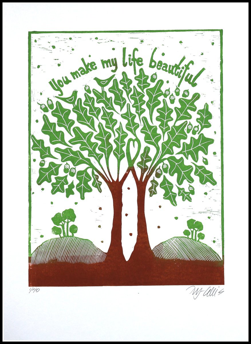 Illustrative Landscape Linocut By Mariann Johansen-Ellis, 15 X 20", You Make My Life Beautiful, Original Artwork