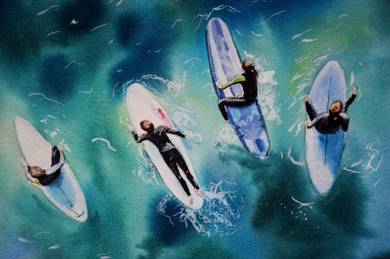 Surf Watercolour Painting, Surfing Sea Ocean Art Original, Boho Summer Wall Art, Gift for Surfer