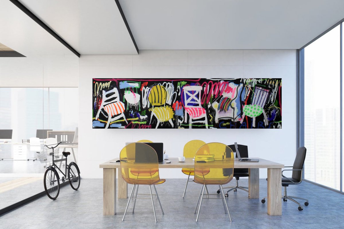 Expressive Still Life Acrylic Painting By V. Lishko, 118 X 31", Chairs, Original Artwork