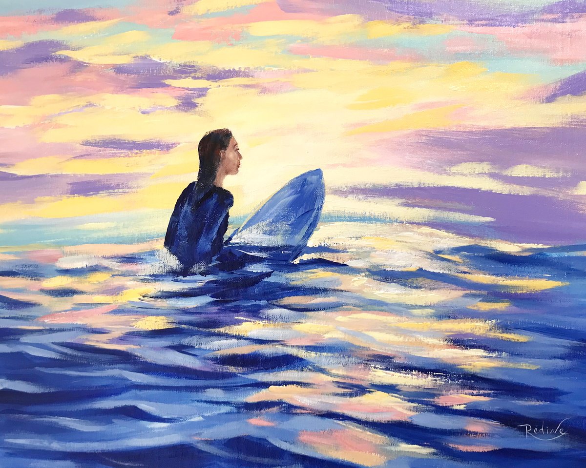 Impressionistic Landscape Acrylic Painting By Irina Redine, 20 X 16, Surfing At Sunrise, Original Artwork