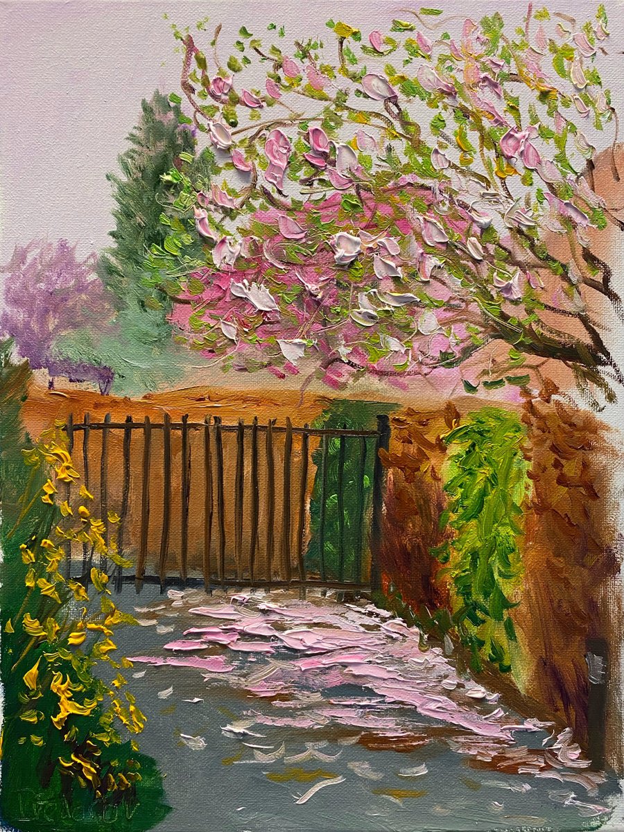 Impressionistic Landscape Oil Painting By Dmitry Fedorov, 12 X 16, Magnolia In The Garden, Original Artwork