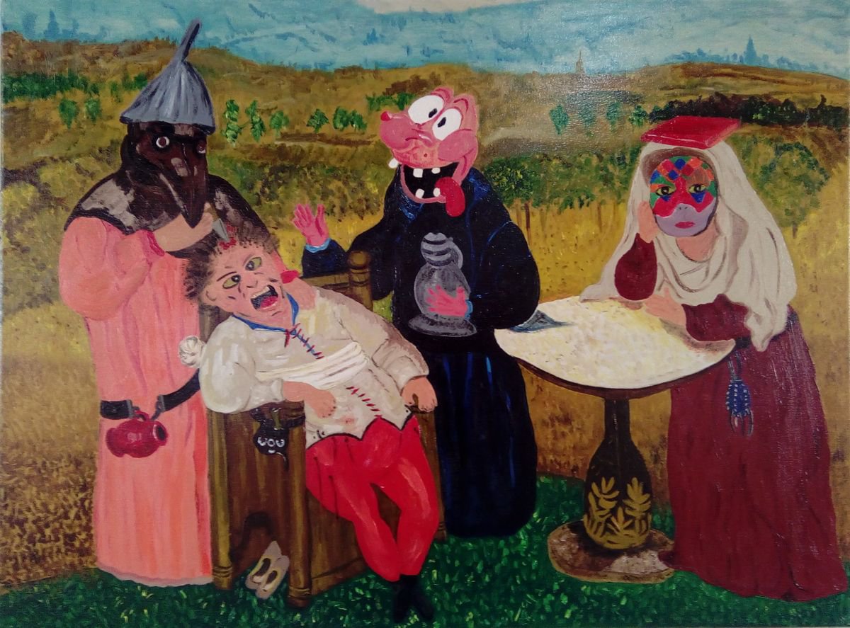 Naive Portrait Oil Painting By Corinne Hamer, 31 X 24, Stone Of Madness, Original Artwork