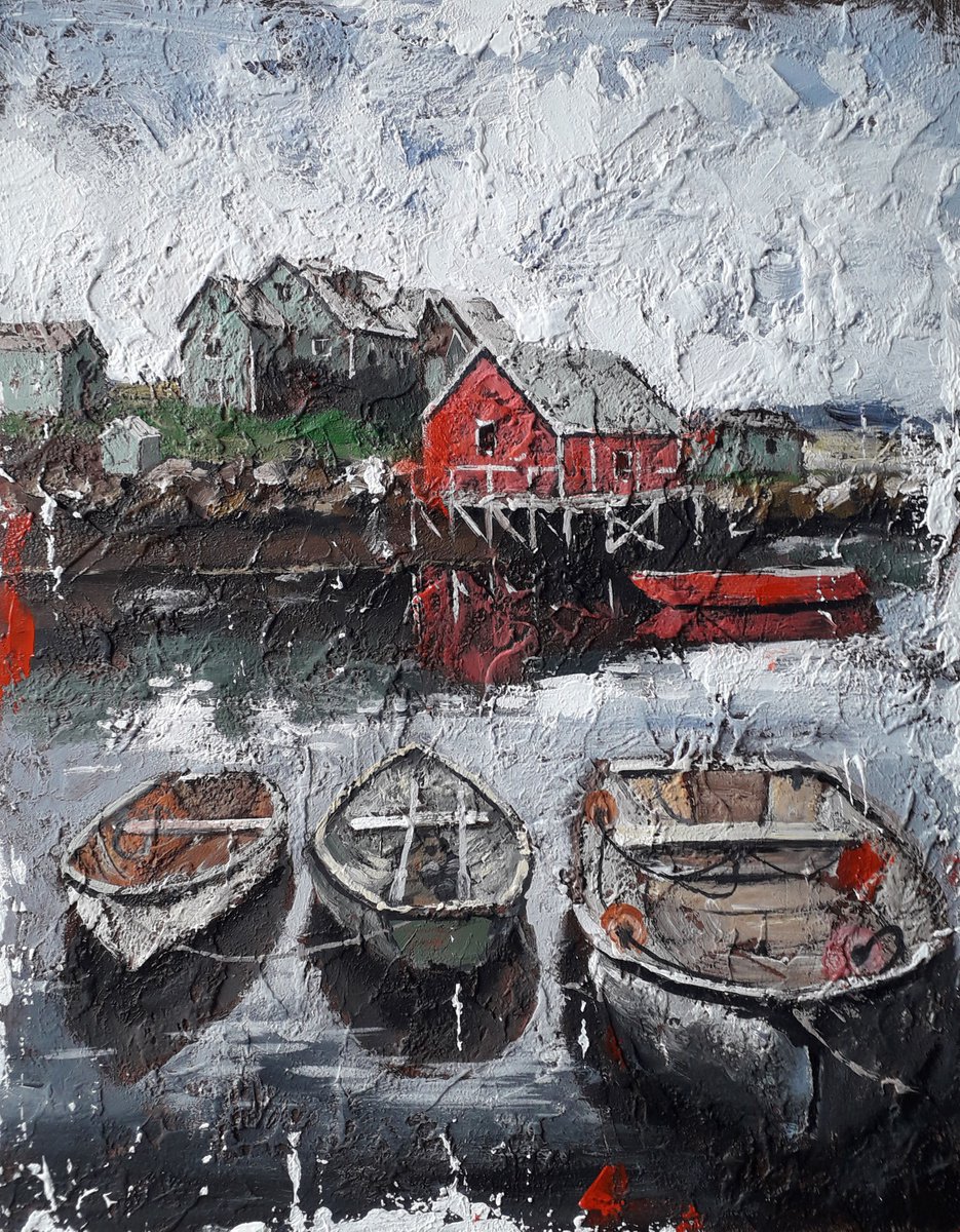 Boats by the shore Texture painting Original painting by Alexander Zhilyaev