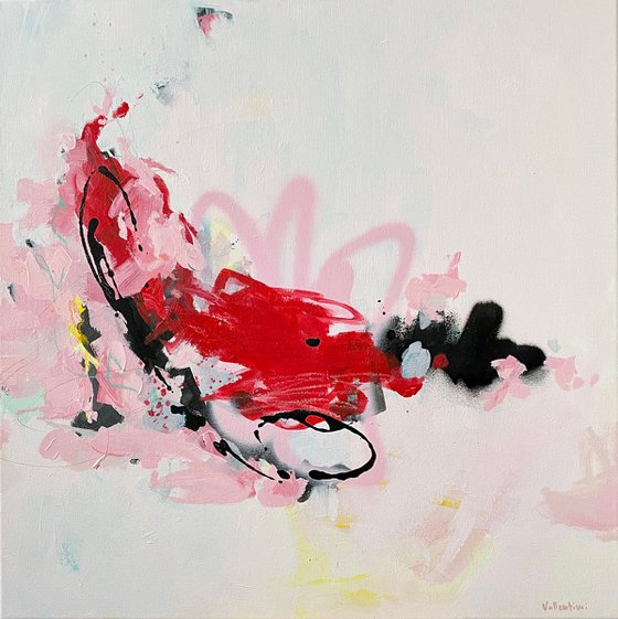 SMOOTH OPERATOR - 60 X 60 CM * ABSTRACT PAINTING ON CANVAS * RED *PINK * WHITE