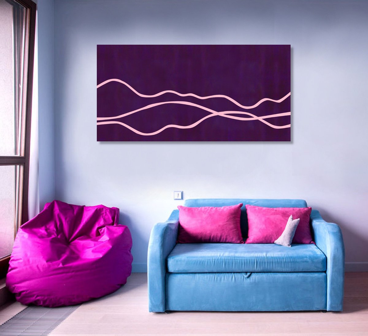 Abstract Landscape Acrylic Painting By Marina Krylova, 39 X 20", Minimalistic Landscape #07, Original Artwork