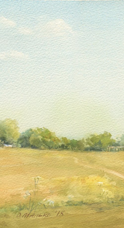 Last summer day. Rural landscape with horses / ORIGINAL watercolor ~14x11in (35x27cm) by Olha Malko