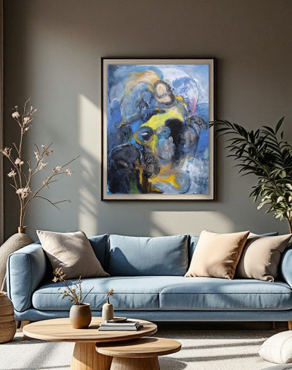 Abstract Acrylic Painting By Artem Andreichuk, 30 X 37, Black Blue And Yellow, Original Artwork