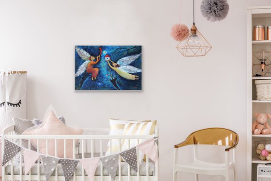 ANGELS - oil painting angels in the sky Christmas interior idea for present Easter gift