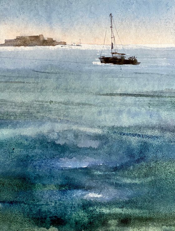 Boat in the sea - original seascape watercolor
