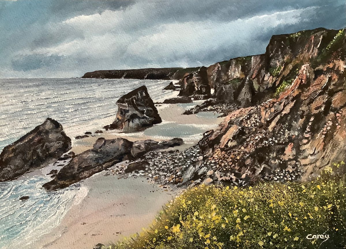 Photorealistic Landscape Watercolour By Darren Carey, 14 X 10, Cornish Coast, Kynance Cove, Original Artwork