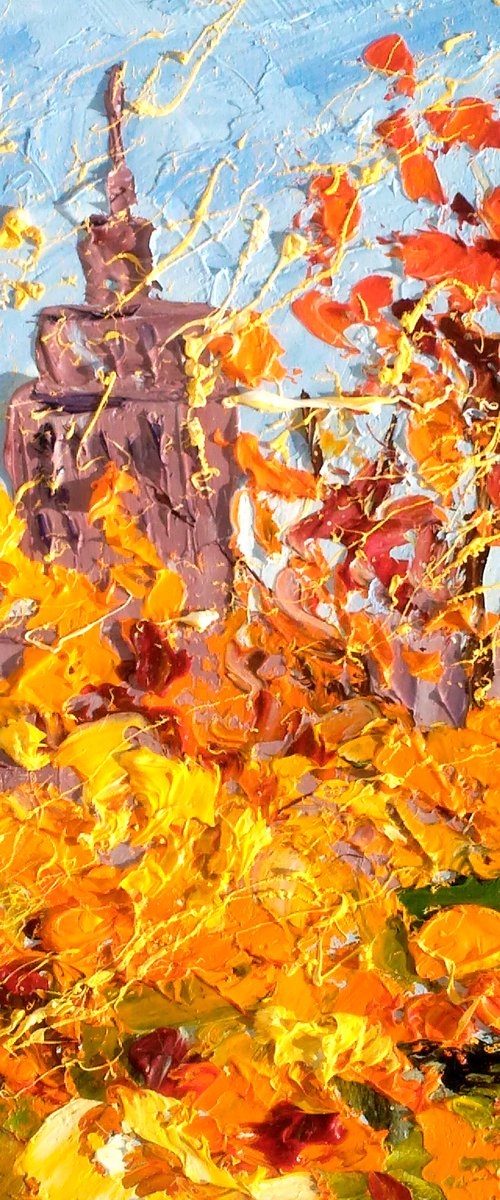 NYC Fall Painting Cityscape Original Art New York Small Oil Artwork Central Park Impasto Pallete Knife Wall Art 7 by 8" by Halyna Kirichenko by Halyna Kirichenko