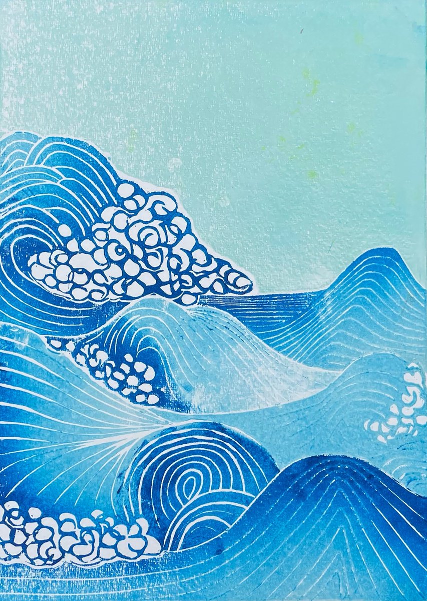 Swishy, Swashy - Waves Linocut by C Staunton