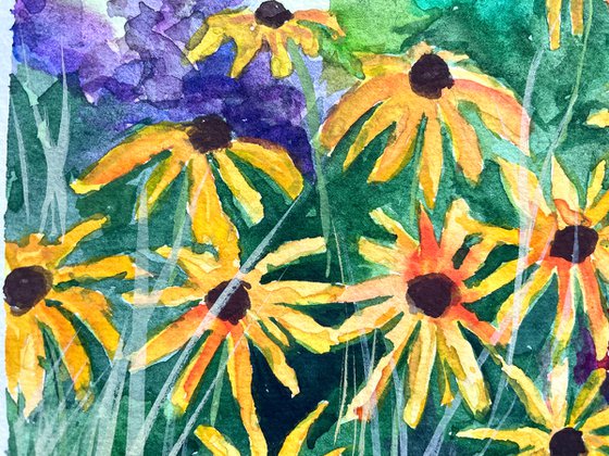 Flower Original Watercolor Painting, Yellow Wildflowers Artwork, Floral Wall Art, Coneflower Illustration