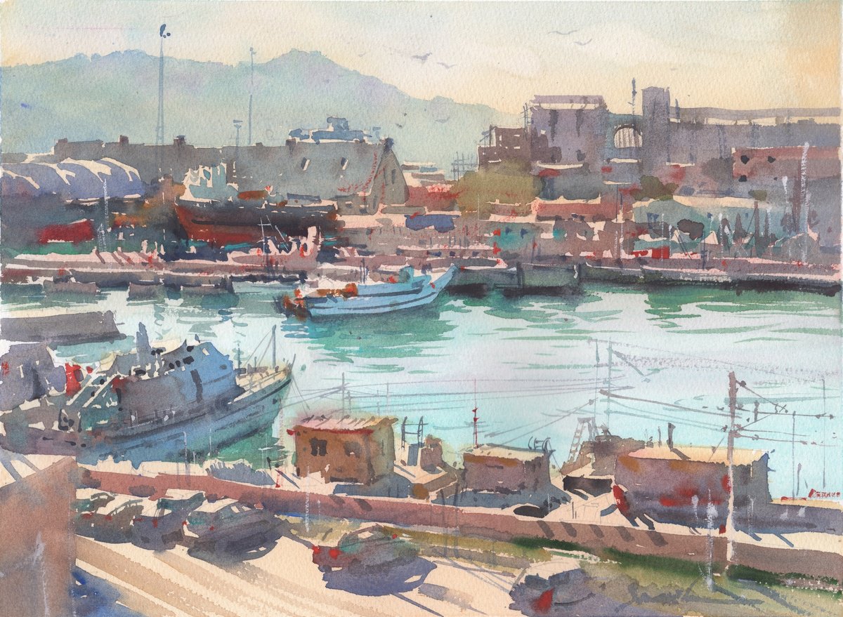 Expressive Landscape Watercolour By Samira Yanushkova, 14 X 10", Port In Italy Seascape, Original Artwork