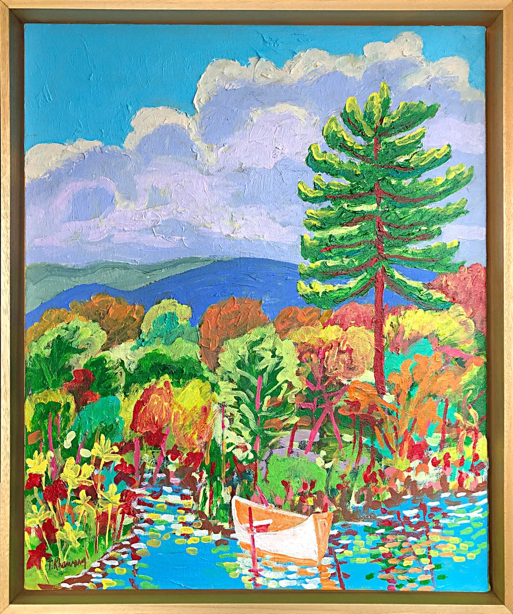 Impressionistic Landscape Acrylic Painting By Tony Khawam, 20 X 26", Pond On The Hudson Highlands, Original Artwork