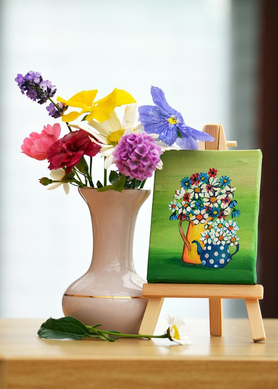 flowers in yellow pot and blue tea pot, original acrylic miniature painting, still life