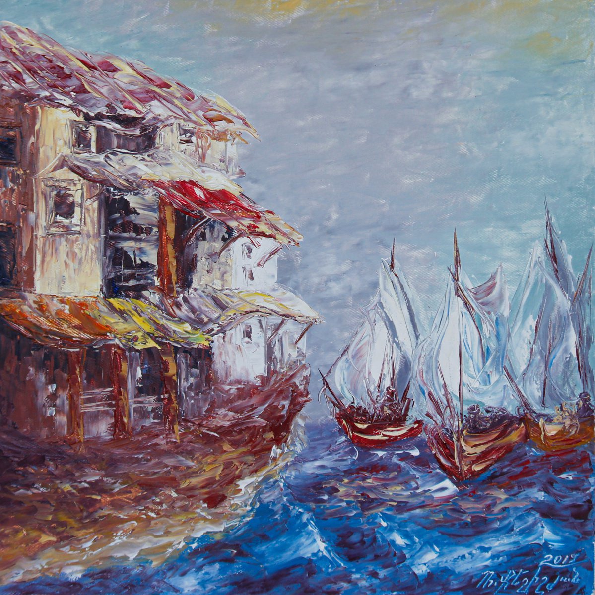 Boats (40x40, oil painting, ready to hang) by Rafik Qeshishyan