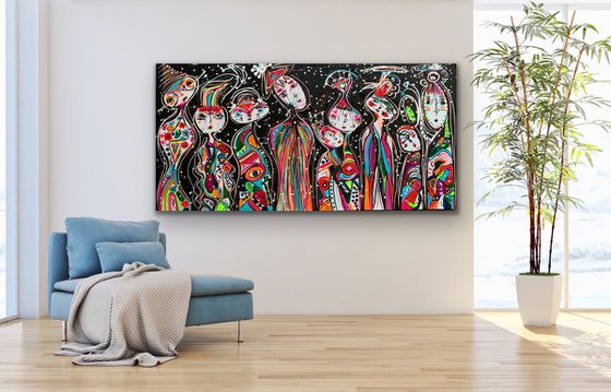 71''x 35''(180x90cm), Friends 50, family, bright urban ,pop art ready to hang, colorful canvas art  - xxxl art - abstract art painting- extra large art- mixed media