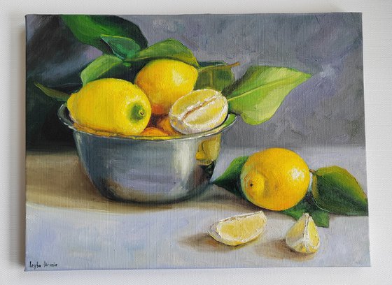 Lemon fruit slices in metal bowl oil painting still life