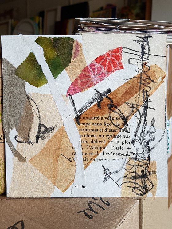 Africa and Asia - abstract mixed media and collage on paper - small size - orange brown white