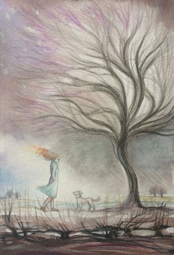Winter Walkies ~ Woman, Dog and Tree