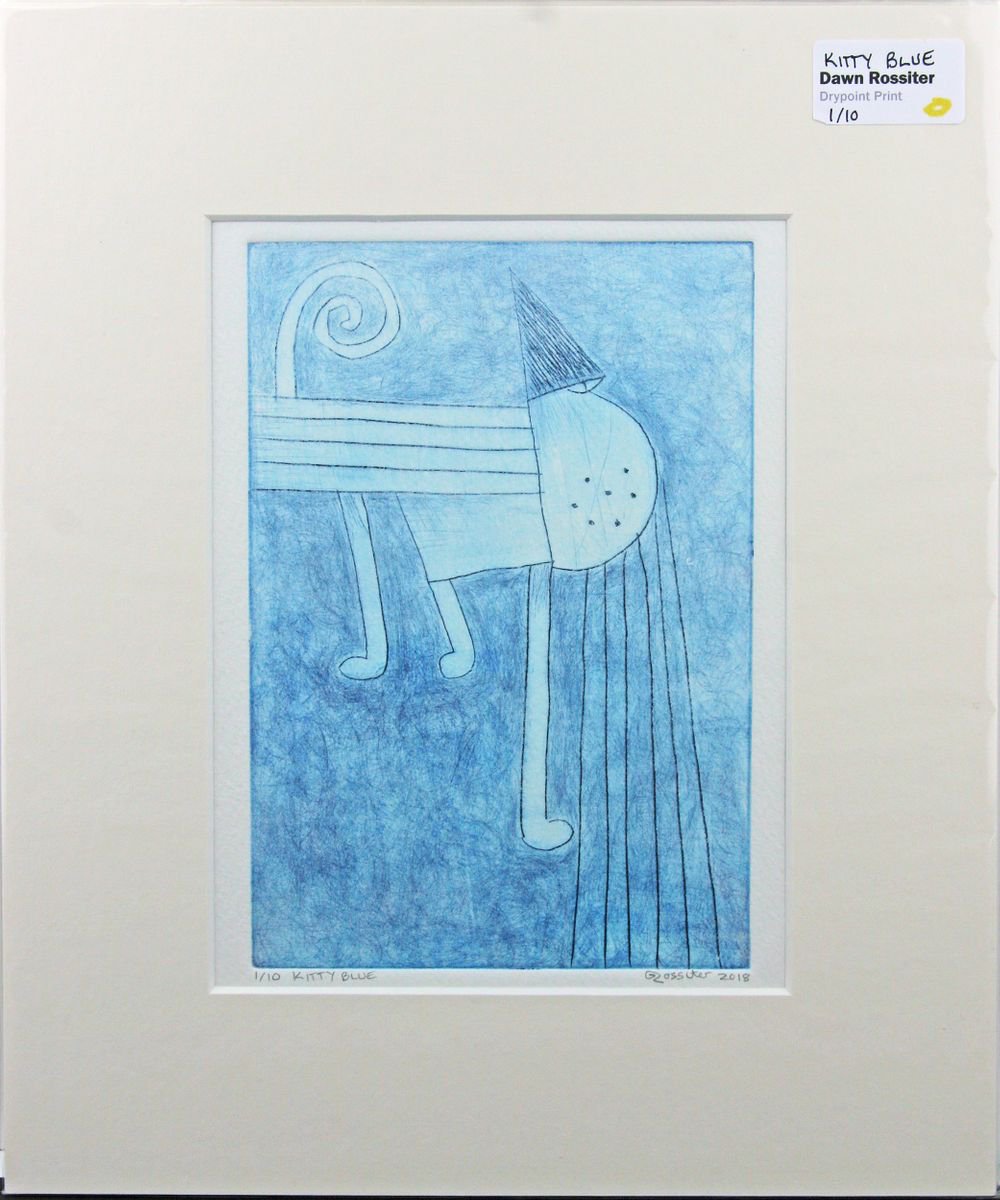 Kitty Blue Mounted Etched Drypoint Plate Print by Dawn Rossiter