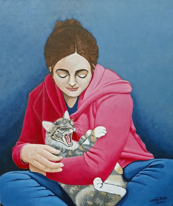 Woman With Yawning Cat