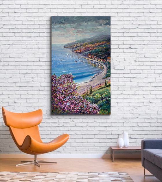 Lagoon sea view. Original oil painting. Flowers