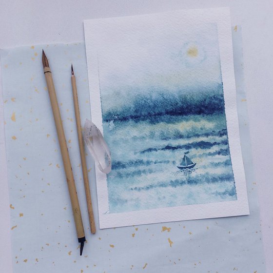 Original watercolor illustration of dreamy seascape with boat