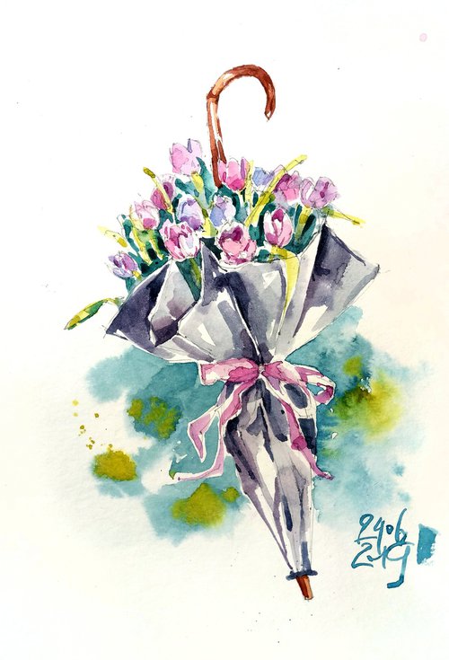 Watercolor sketch "Spring Rains" - series "Artist's Diary" by Ksenia Selianko