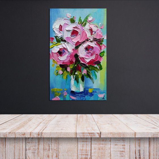 Roses -  small bouquet, rose, small painting, bouquet, flowers oil painting, oil painting, flowers,  postcard, gift idea, gift