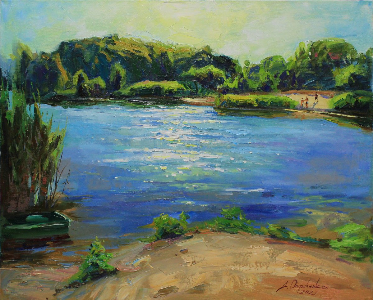 Impressionistic Landscape Oil Painting By Alisa Onipchenko-Cherniakovska, 31 X 26, Midday On The River, Original Artwork