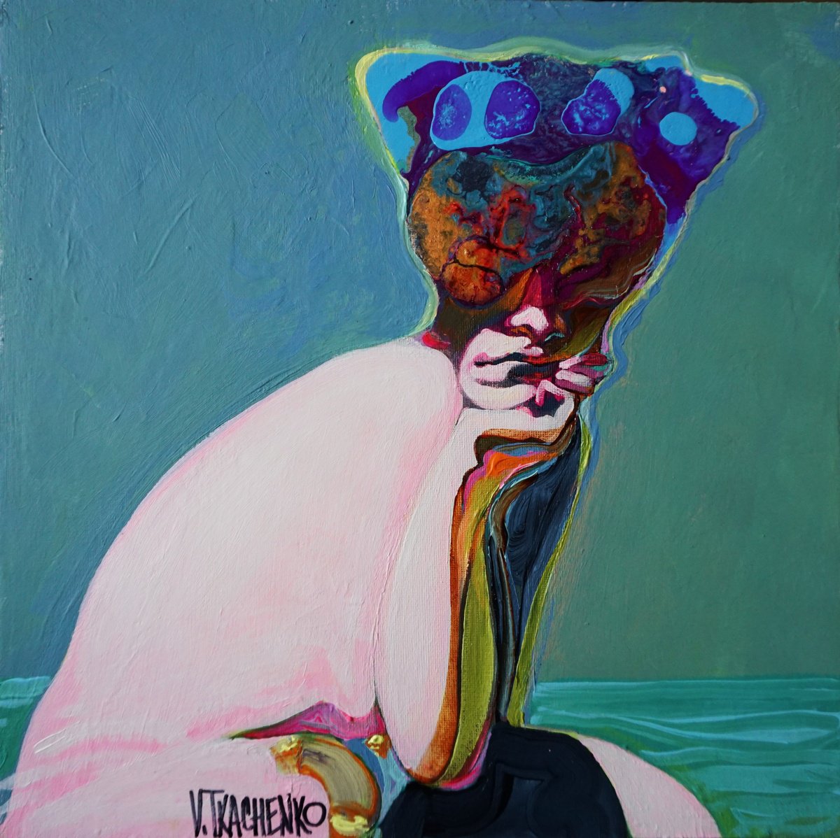 Organic Portrait Acrylic Painting By Victor Tkachenko, 12 X 12", Sunny, Original Artwork