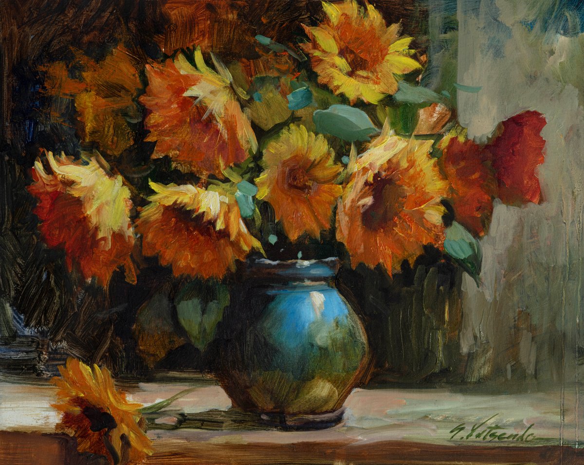 Flowers In A Blue Vase By Sergei Yatsenko, 22 X 18, Artwork For Sale On Artfinder